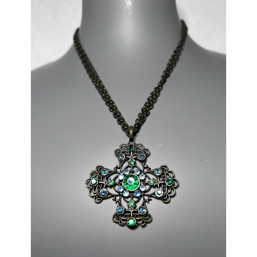Vintage 1950s Ornate Filigree Cross Pendant Double Chain Rhinestones Necklace
